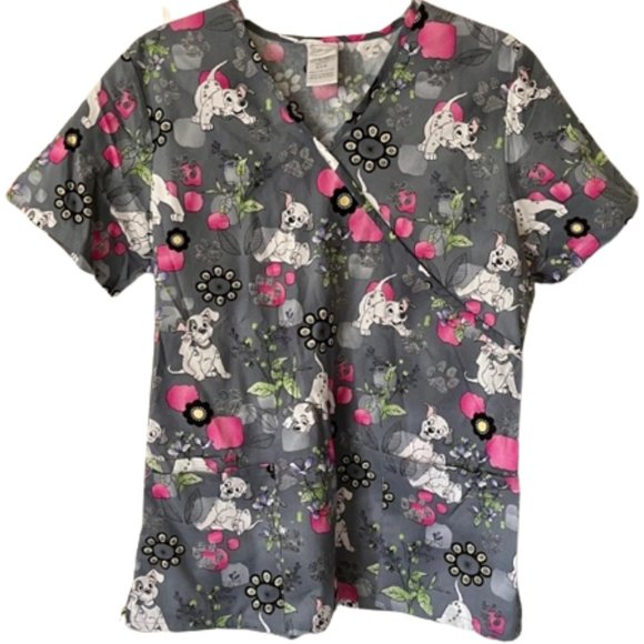 Scrub Disney 101 Dalmatians - Lucky -  Floral Pawprints - Gray/Black/Pink - S - Picture 1 of 11